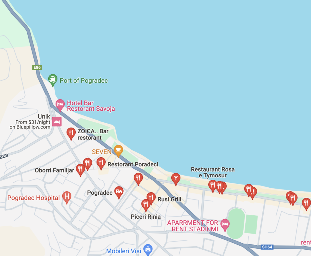 Google Maps view of restaurants in Pogradec